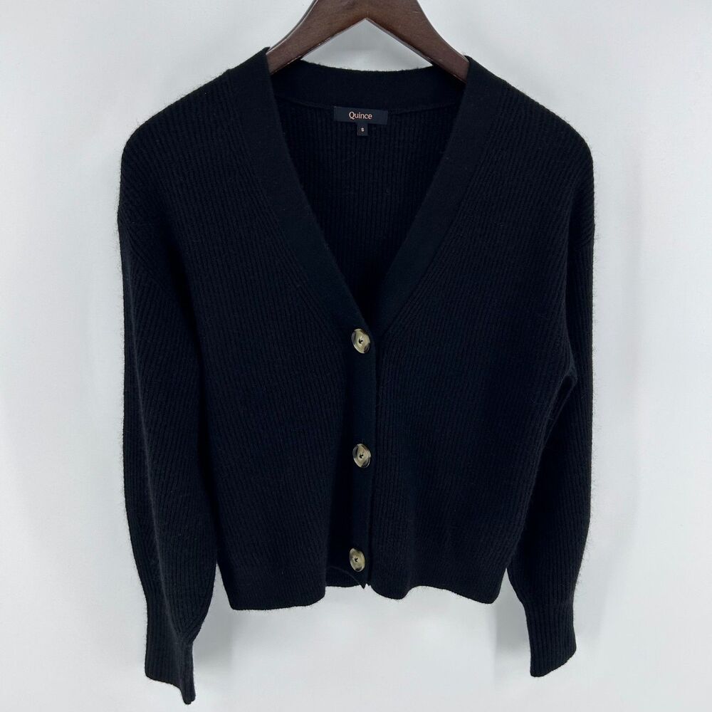 Quince Baby Alpaca Wool Ribbed Cardigan Sweater Women's S V-Neck Black Soft